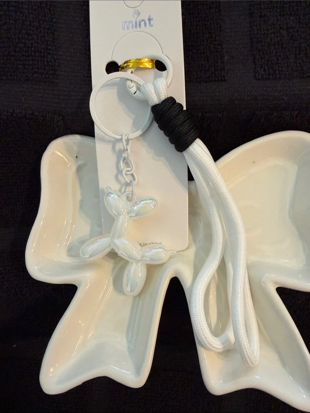 Mint White Balloon Dog Keychain Lanyard with Gold Ring